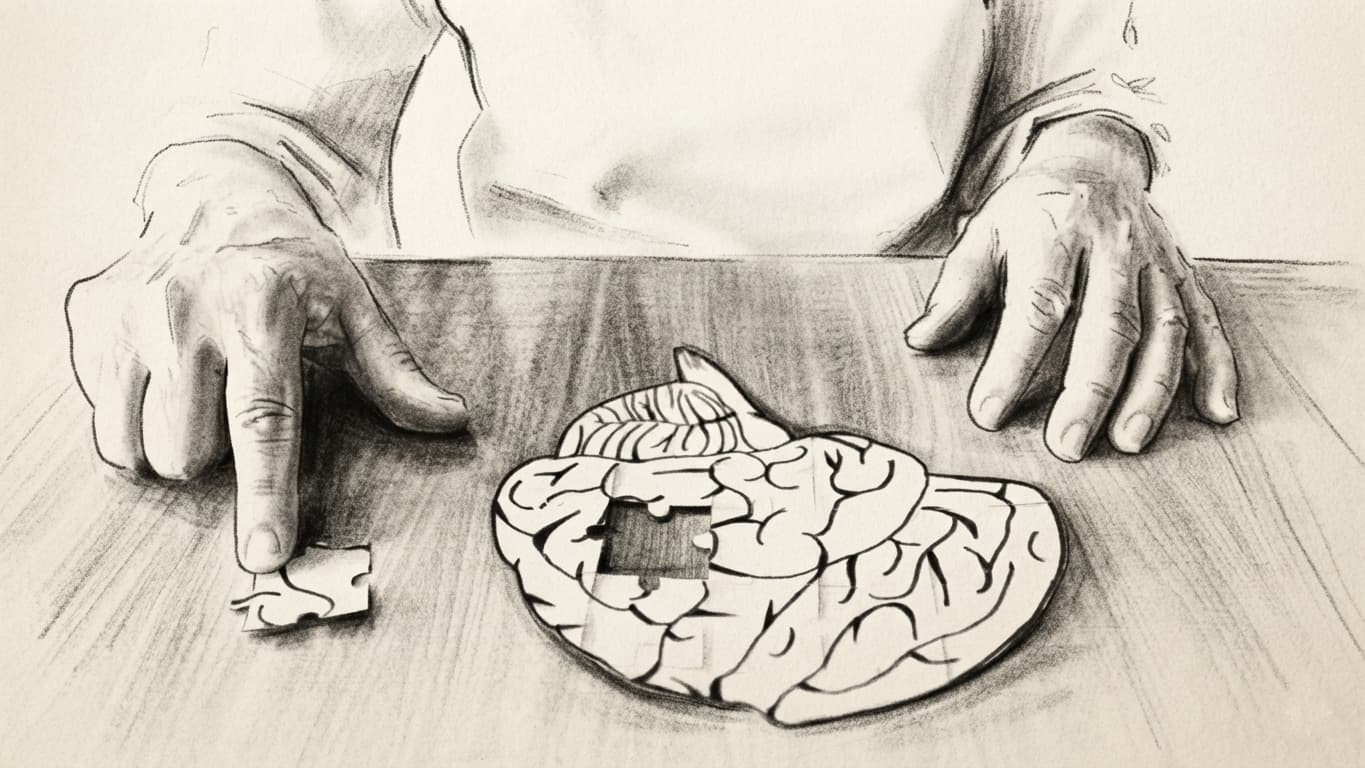 Charcoal illustration on cream paper, not a photograph: the hands of an older person resting on a wooden table in front of a brain-shaped jigsaw puzzle with one piece missing, the loose piece under a finger