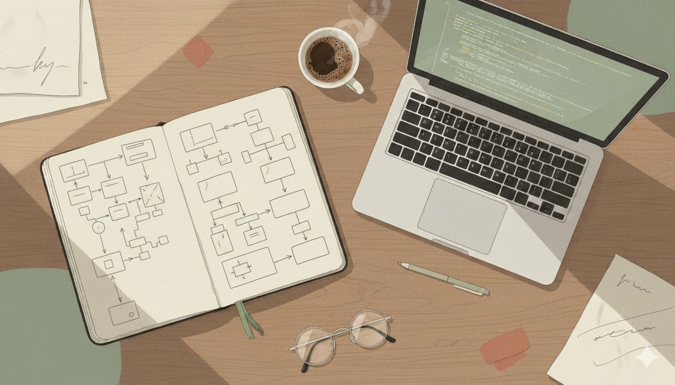 Escritorio cenital con cuaderno mostrando flowcharts dibujados a mano, laptop con código, café y anteojos