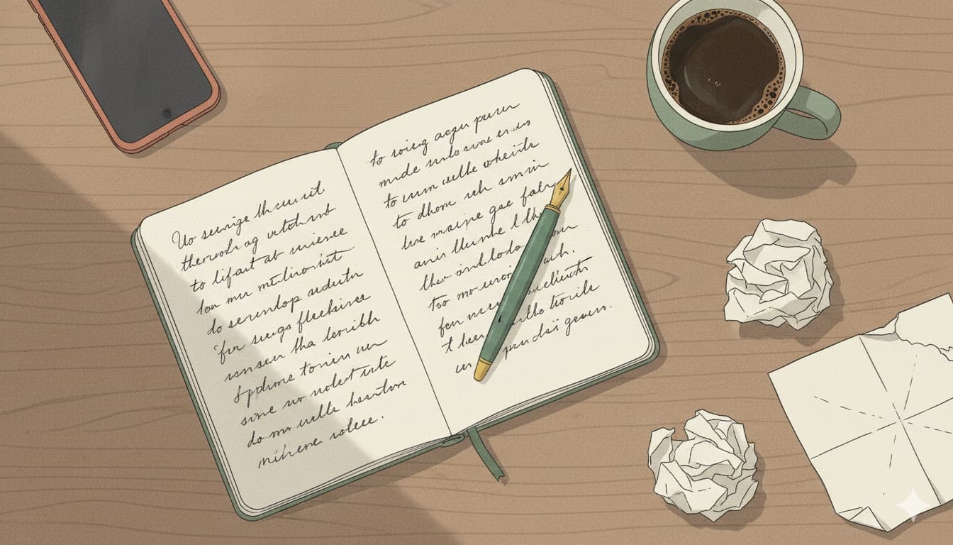 Ilustración editorial top-down de un escritorio con un cuaderno abierto a medio escribir, una lapicera apoyada y una taza, en tonos sage y terracota