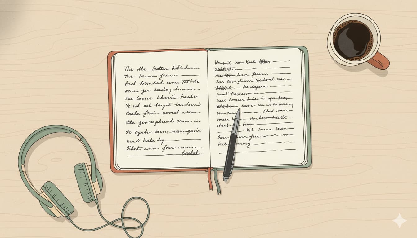 Ilustración editorial top-down de un escritorio con un cuaderno abierto: la página izquierda con escritura fluida, la derecha con tachones y correcciones. Una lapicera apoyada entre ambas páginas, unos auriculares y una taza de café alrededor.